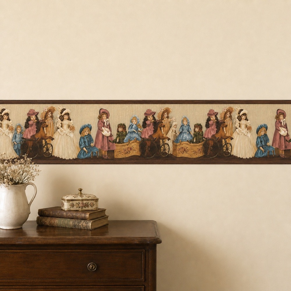 Victorian Porcelain Doll Wallpaper Border Vintage Rocking Horse 10" x 14 feet